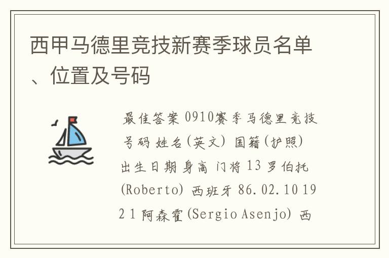西甲马德里竞技新赛季球员名单、位置及号码