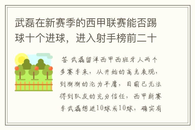 武磊在新赛季的西甲联赛能否踢球十个进球，进入射手榜前二十？