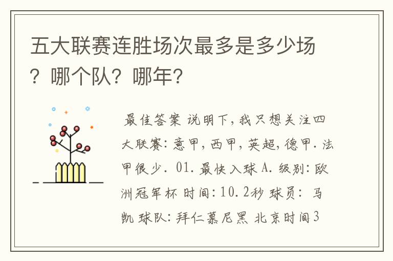 五大联赛连胜场次最多是多少场？哪个队？哪年？