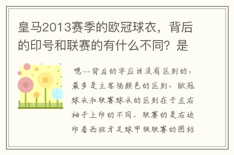 皇马2013赛季的欧冠球衣，背后的印号和联赛的有什么不同？是不是没了那些斜杠？