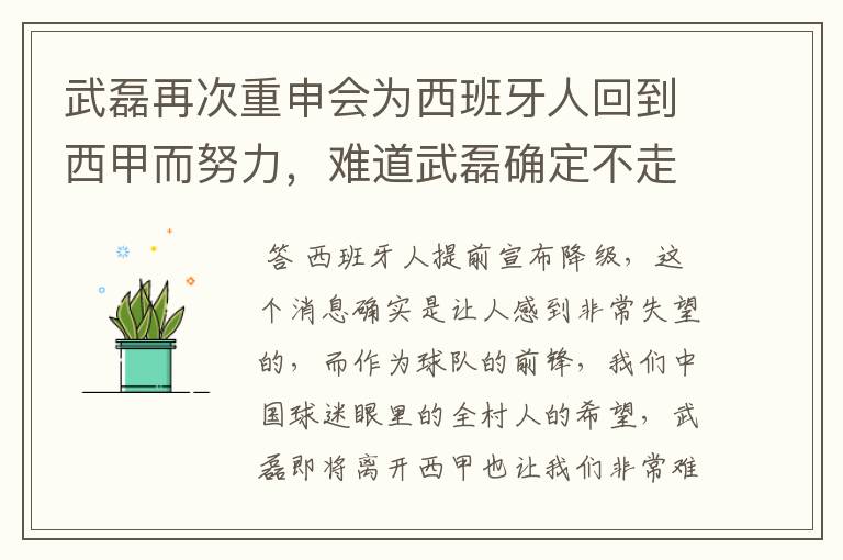 武磊再次重申会为西班牙人回到西甲而努力，难道武磊确定不走了？