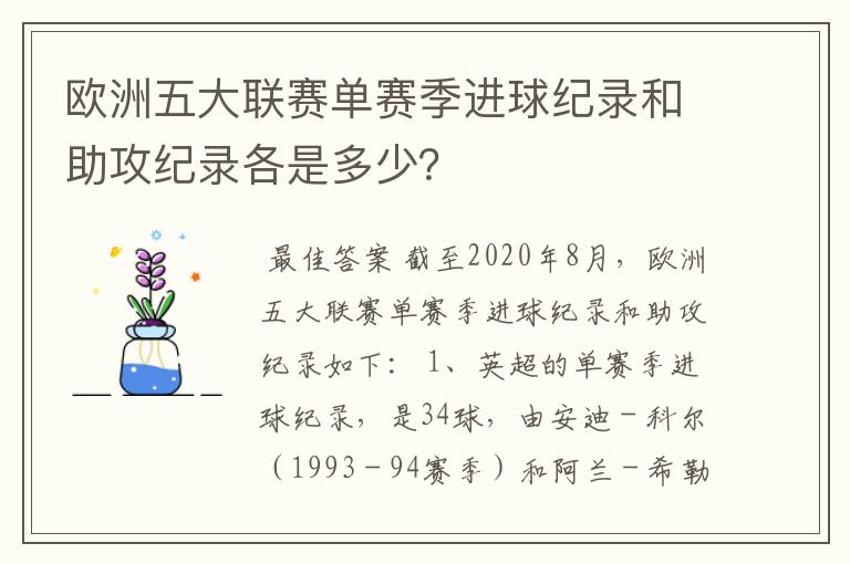 欧洲五大联赛单赛季进球纪录和助攻纪录各是多少？