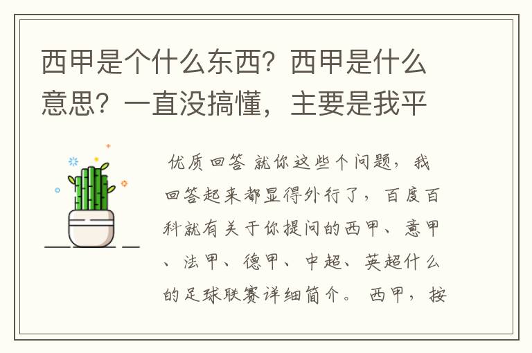 西甲是个什么东西？西甲是什么意思？一直没搞懂，主要是我平时基本不看西甲呀，足球什么的。ASD