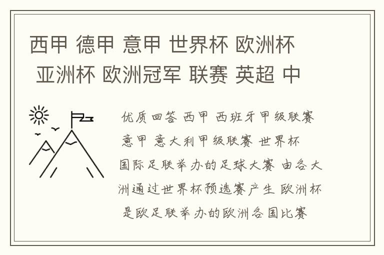 西甲 德甲 意甲 世界杯 欧洲杯 亚洲杯 欧洲冠军 联赛 英超 中超  分别是什么意思啊？