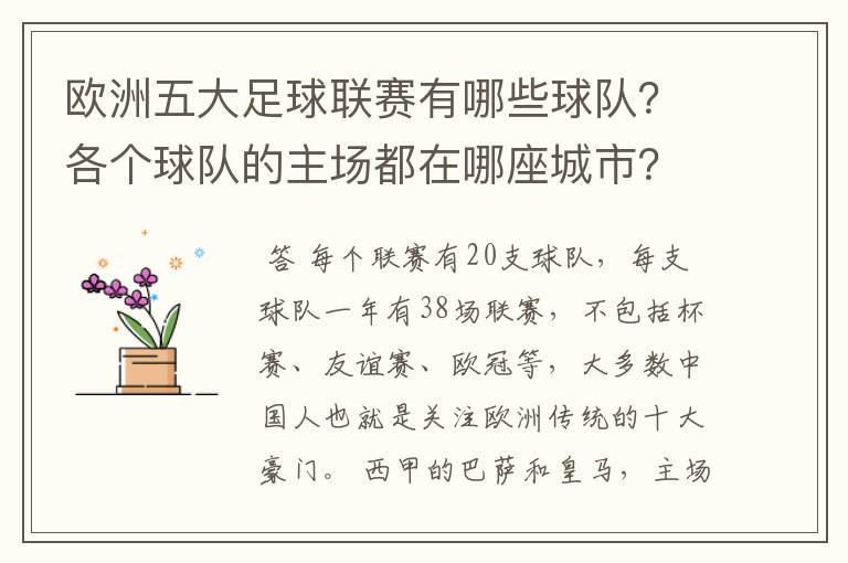 欧洲五大足球联赛有哪些球队？各个球队的主场都在哪座城市？