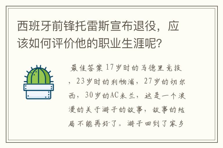 西班牙前锋托雷斯宣布退役，应该如何评价他的职业生涯呢？