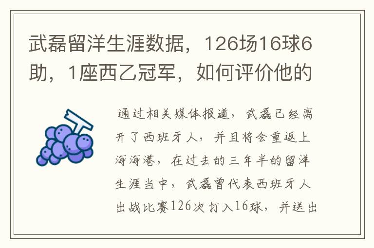 武磊留洋生涯数据，126场16球6助，1座西乙冠军，如何评价他的表现？