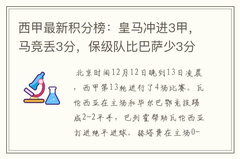 西甲最新积分榜：皇马冲进3甲，马竞丢3分，保级队比巴萨少3分