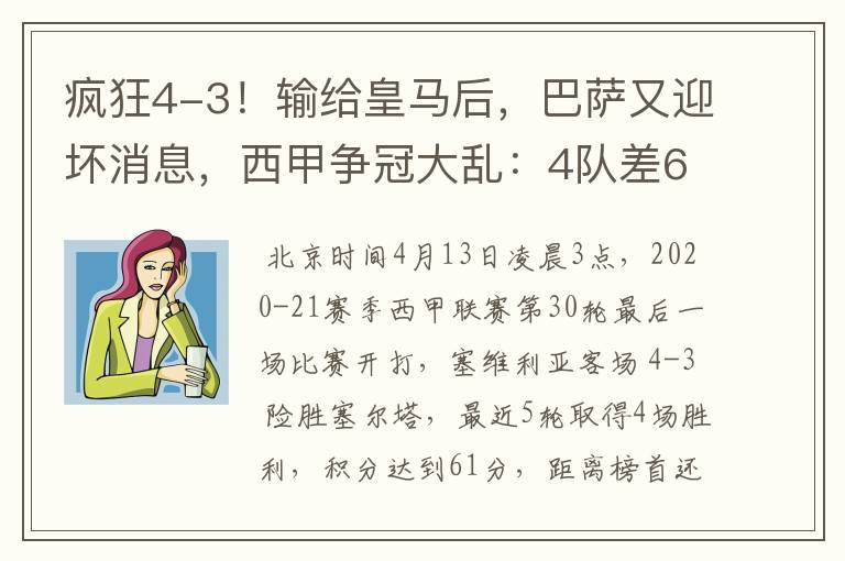 疯狂4-3！输给皇马后，巴萨又迎坏消息，西甲争冠大乱：4队差6分