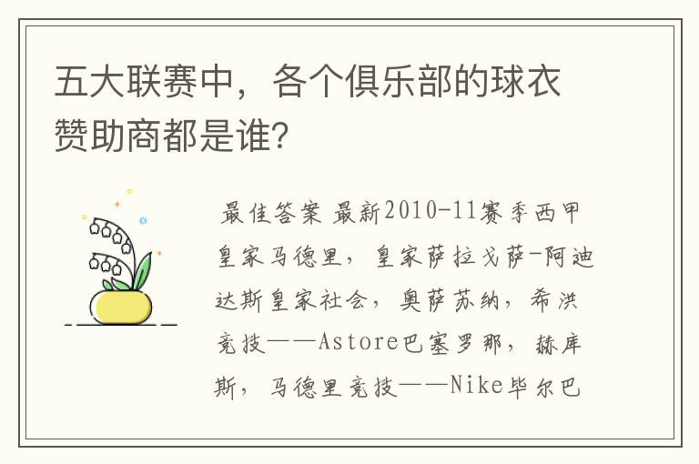 五大联赛中，各个俱乐部的球衣赞助商都是谁？