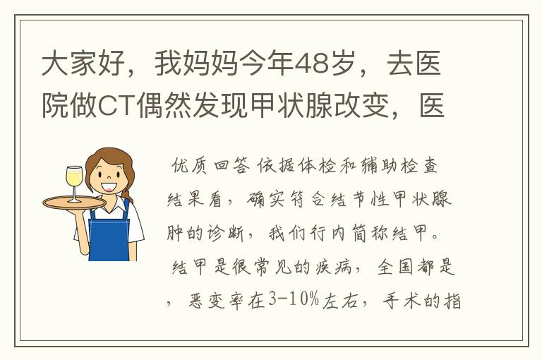 大家好，我妈妈今年48岁，去医院做CT偶然发现甲状腺改变，医生建议进一步检查，随后挂号内分泌科，医生要