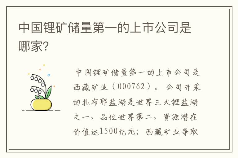 中国锂矿储量第一的上市公司是哪家？