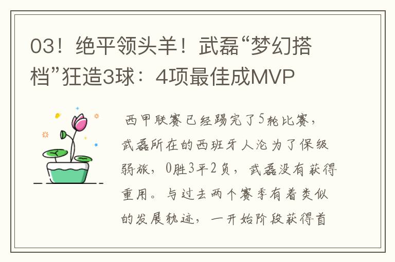 03！绝平领头羊！武磊“梦幻搭档”狂造3球：4项最佳成MVP