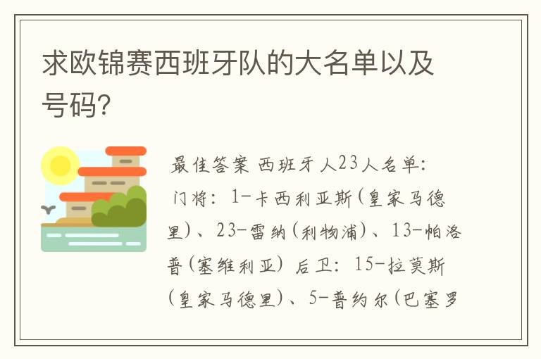 求欧锦赛西班牙队的大名单以及号码？