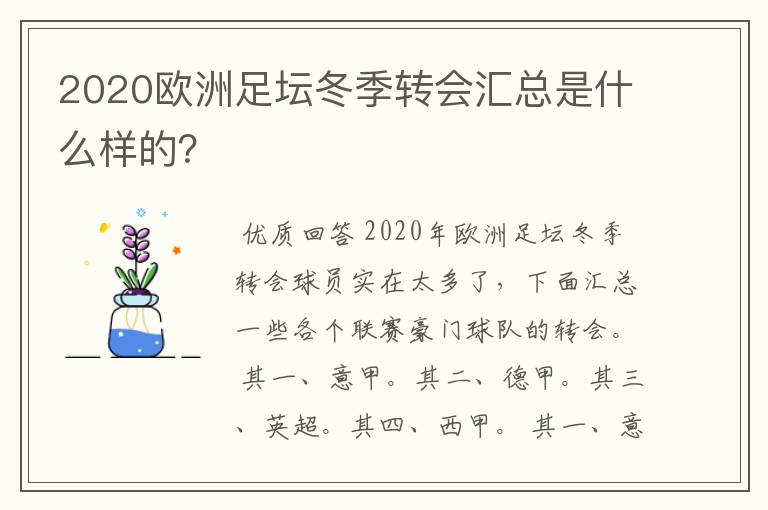 2020欧洲足坛冬季转会汇总是什么样的？