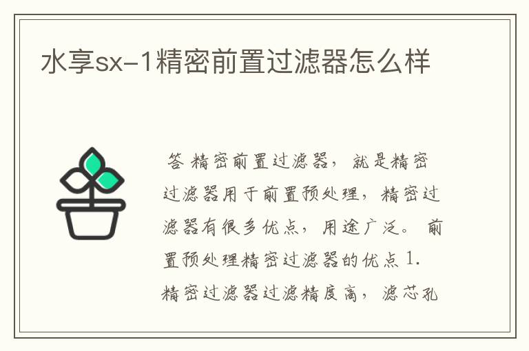 水享sx-1精密前置过滤器怎么样