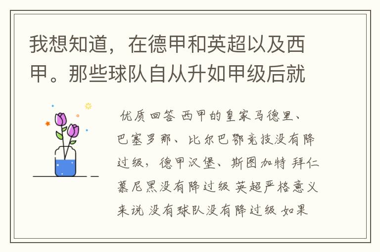 我想知道，在德甲和英超以及西甲。那些球队自从升如甲级后就从没有降过级？