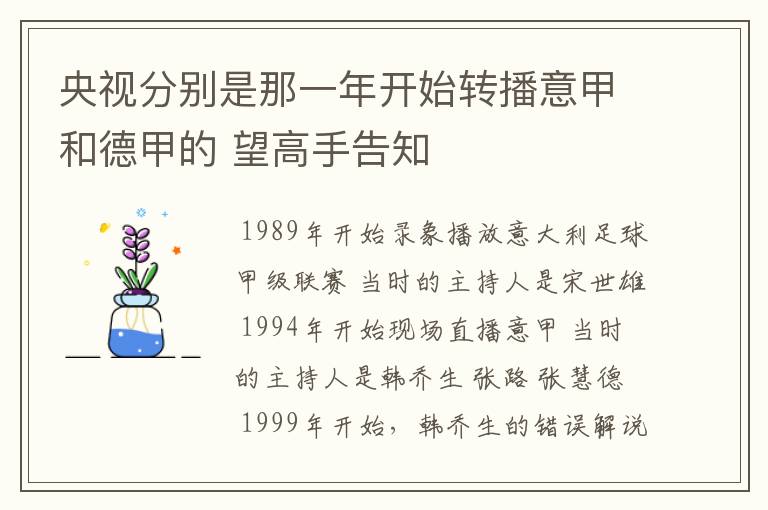 央视分别是那一年开始转播意甲和德甲的 望高手告知