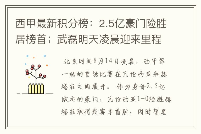 西甲最新积分榜：2.5亿豪门险胜居榜首；武磊明天凌晨迎来里程碑