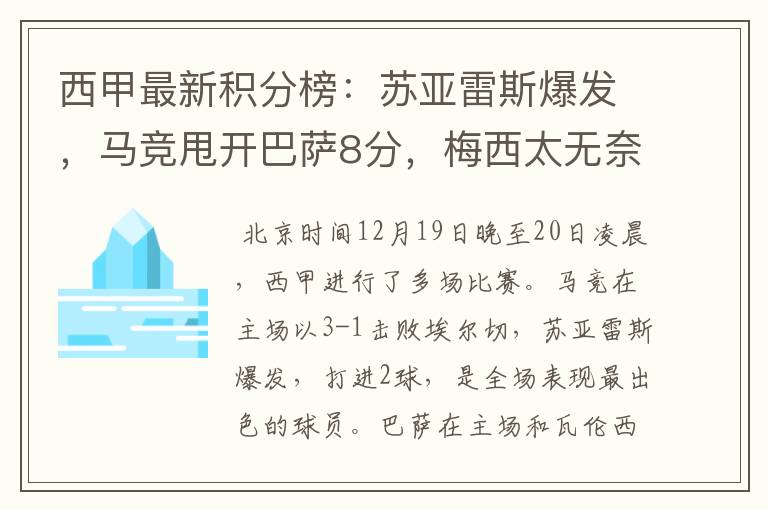 西甲最新积分榜：苏亚雷斯爆发，马竞甩开巴萨8分，梅西太无奈