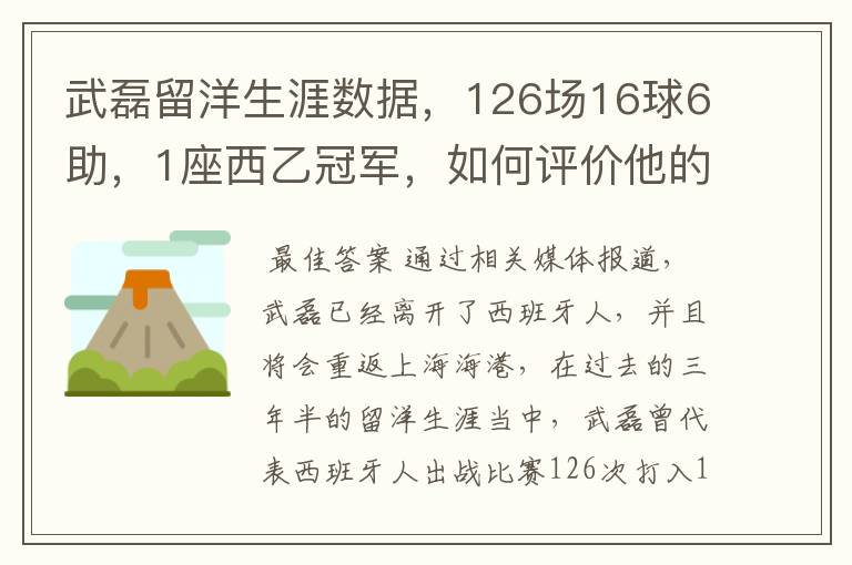 武磊留洋生涯数据，126场16球6助，1座西乙冠军，如何评价他的表现？