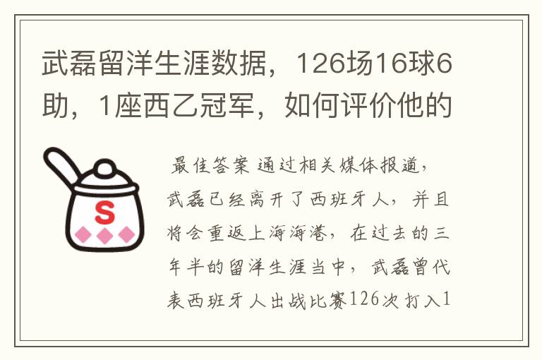 武磊留洋生涯数据，126场16球6助，1座西乙冠军，如何评价他的表现？