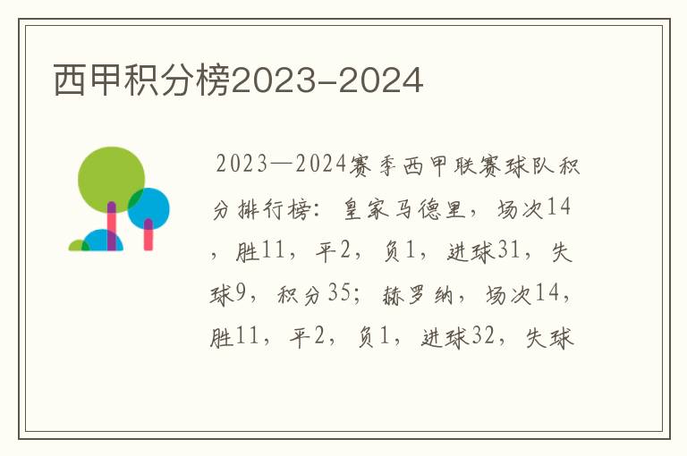 西甲积分榜2023-2024