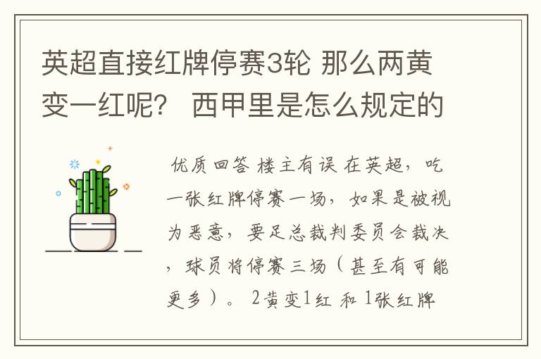 英超直接红牌停赛3轮 那么两黄变一红呢？ 西甲里是怎么规定的？