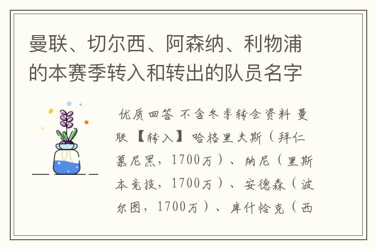 曼联、切尔西、阿森纳、利物浦的本赛季转入和转出的队员名字（写出转入、转出队员原俱乐部的名字）。