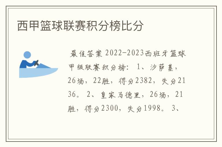 西甲篮球联赛积分榜比分