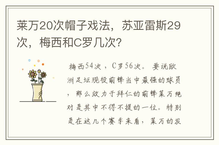 莱万20次帽子戏法，苏亚雷斯29次，梅西和C罗几次？