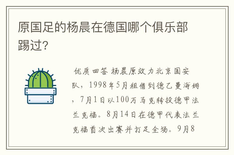 原国足的杨晨在德国哪个俱乐部踢过?