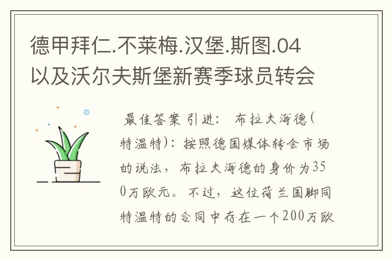 德甲拜仁.不莱梅.汉堡.斯图.04以及沃尔夫斯堡新赛季球员转会一览