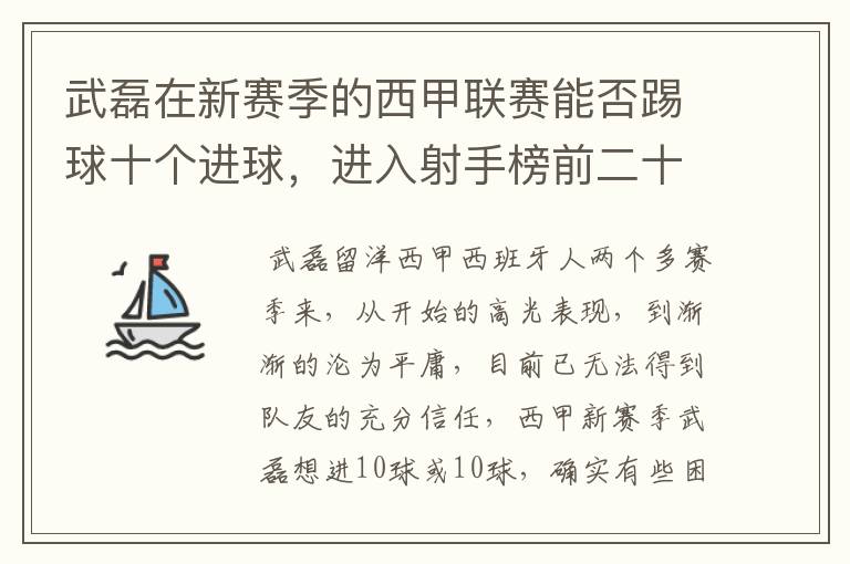 武磊在新赛季的西甲联赛能否踢球十个进球，进入射手榜前二十？