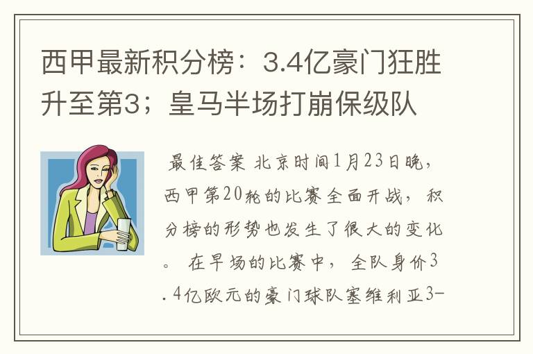 西甲最新积分榜：3.4亿豪门狂胜升至第3；皇马半场打崩保级队