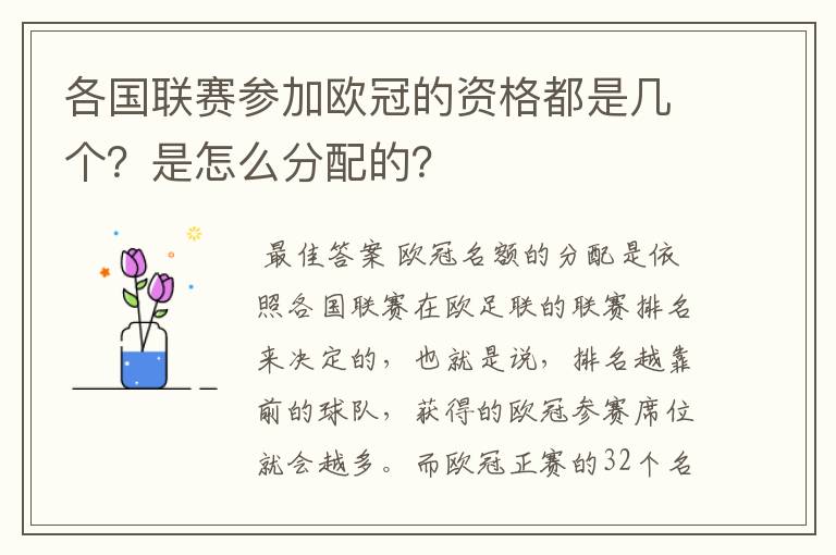 各国联赛参加欧冠的资格都是几个？是怎么分配的？