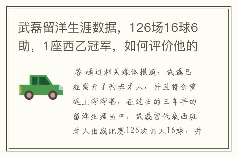 武磊留洋生涯数据，126场16球6助，1座西乙冠军，如何评价他的表现？