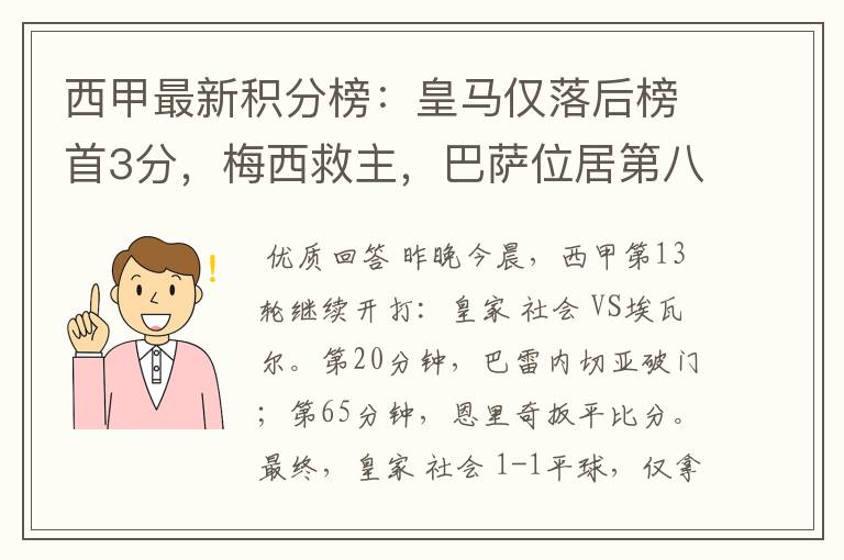 西甲最新积分榜：皇马仅落后榜首3分，梅西救主，巴萨位居第八