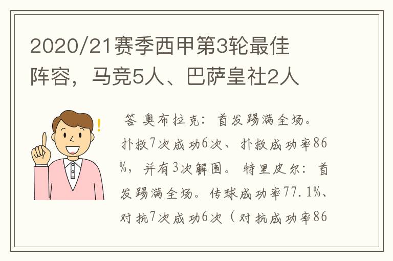 2020/21赛季西甲第3轮最佳阵容，马竞5人、巴萨皇社2人