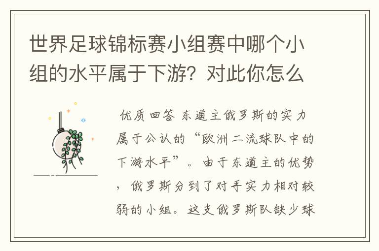 世界足球锦标赛小组赛中哪个小组的水平属于下游？对此你怎么看？