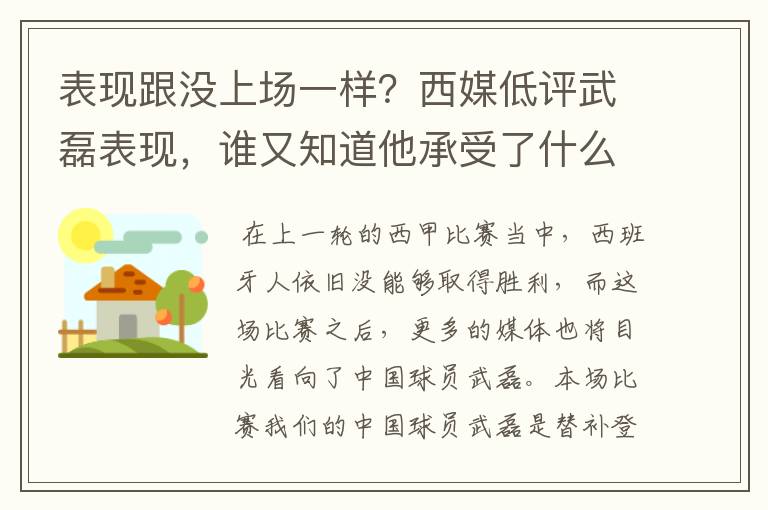 表现跟没上场一样？西媒低评武磊表现，谁又知道他承受了什么呢？