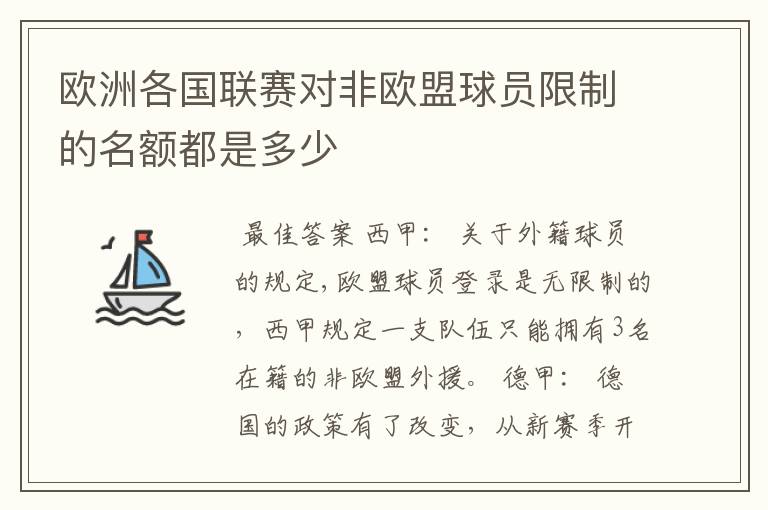 欧洲各国联赛对非欧盟球员限制的名额都是多少