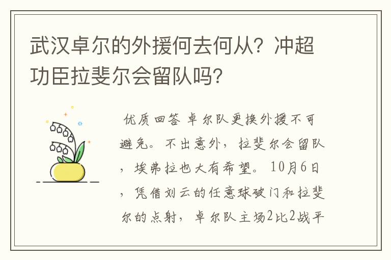 武汉卓尔的外援何去何从？冲超功臣拉斐尔会留队吗？