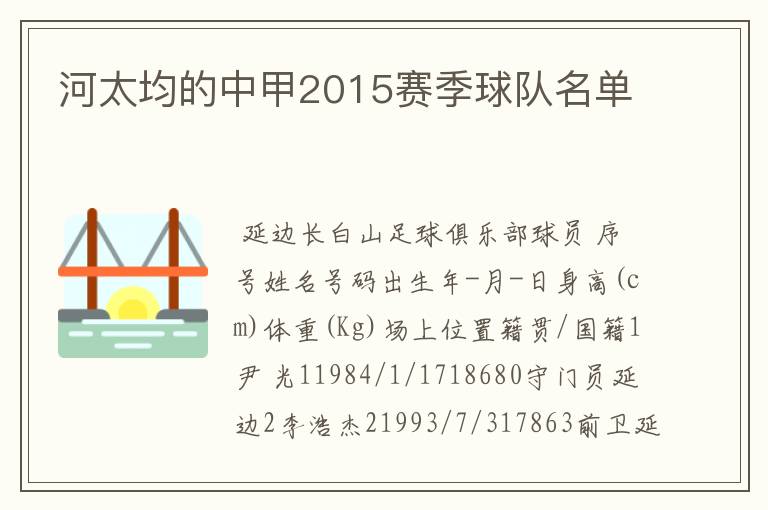 河太均的中甲2015赛季球队名单