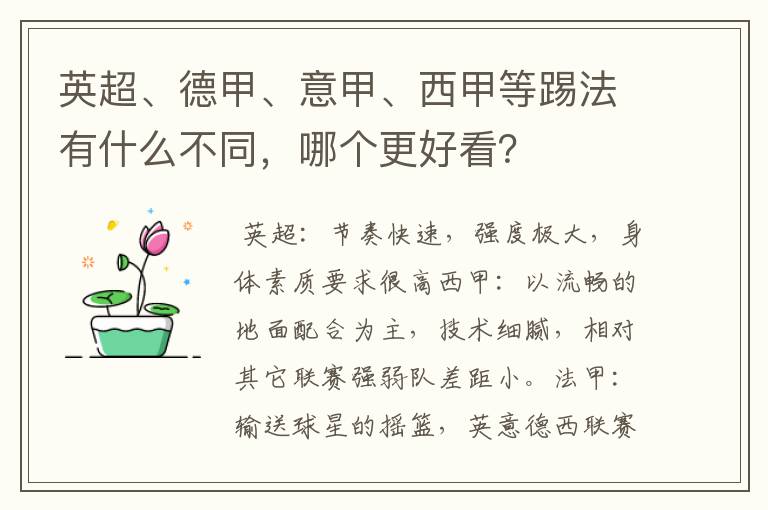 英超、德甲、意甲、西甲等踢法有什么不同，哪个更好看？