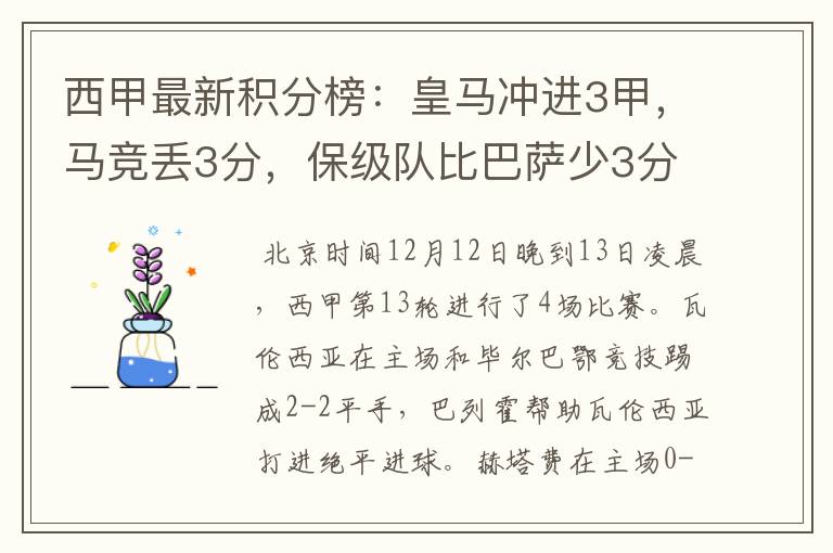 西甲最新积分榜：皇马冲进3甲，马竞丢3分，保级队比巴萨少3分