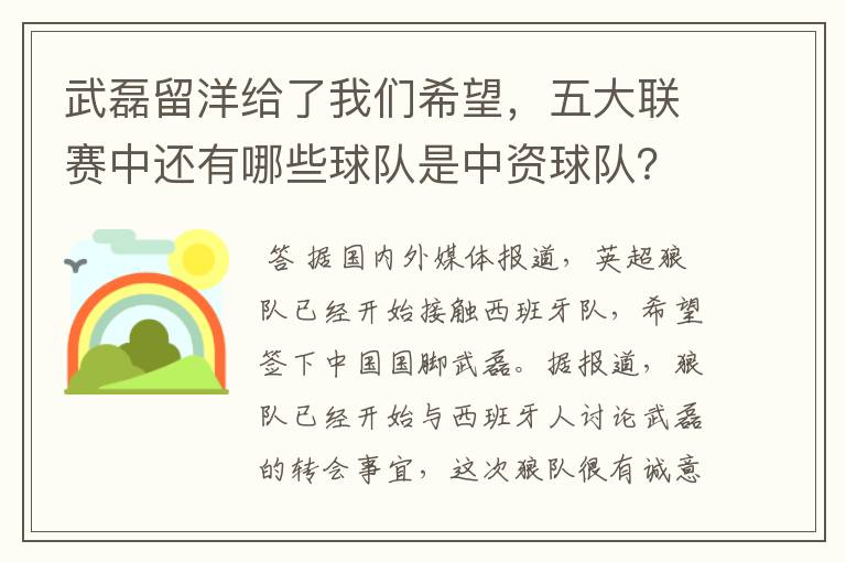 武磊留洋给了我们希望，五大联赛中还有哪些球队是中资球队？