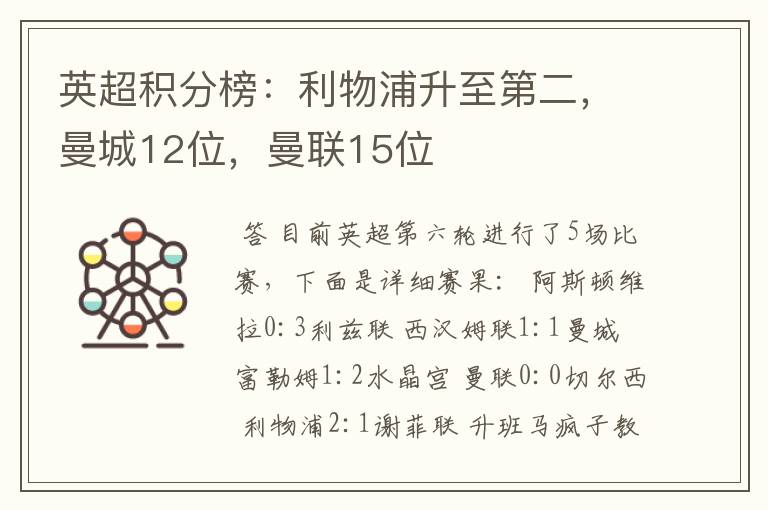 英超积分榜：利物浦升至第二，曼城12位，曼联15位