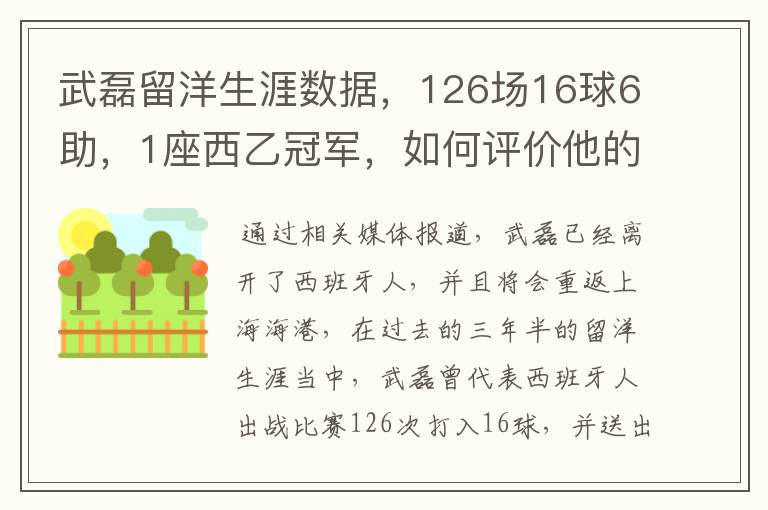 武磊留洋生涯数据，126场16球6助，1座西乙冠军，如何评价他的表现？