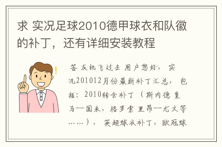 求 实况足球2010德甲球衣和队徽的补丁，还有详细安装教程